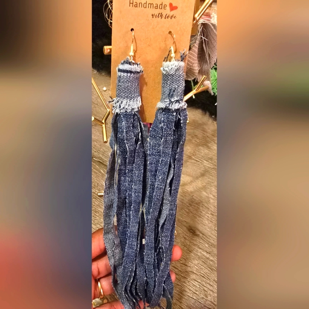 Handmade Blue Fringe Denim Earrings